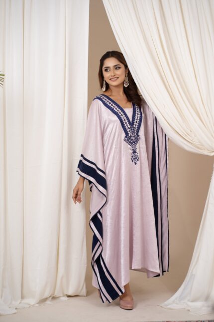 Premium Textured Silk Amriss Designer Collection Kaftan with Embroidered Contrast V-Neck Border Detail in a Flowing Silhouette Outfit for Women