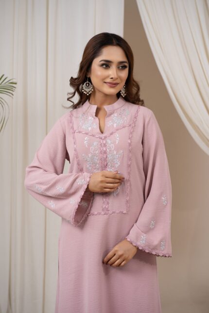 Dusty Rose Embroidered Two Piece Amriss Designer Collection Co-Ord Set with Lace Panel Detail Straight Kurti and Pant Outfit for Women