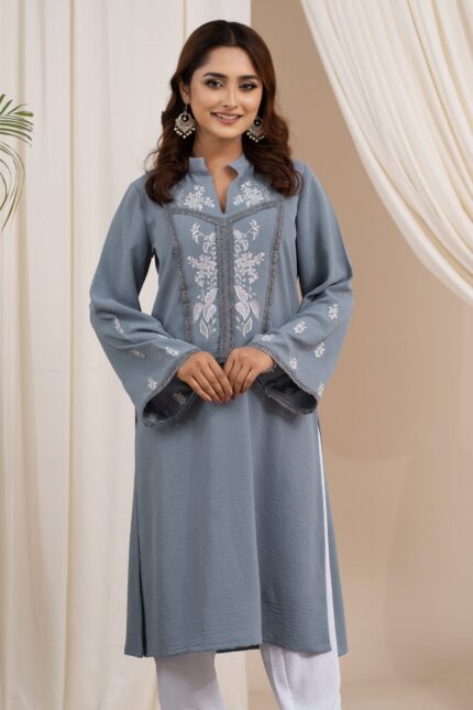 Amriss Soft Textured Fabric Semi Formal Outfit for Women Designer Collection Steel Blue Embroidered Two Piece Co-Ord Set with Lace Panel Detail Straight Kurti and Pant