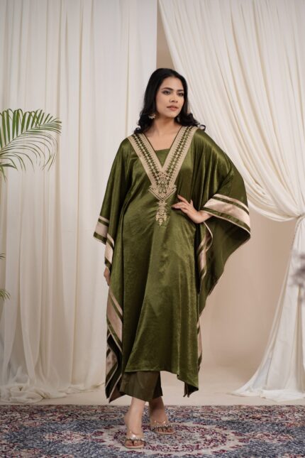 Amriss Designer Collection Premium Textured Silk Kaftan with Embellished V Neck Border Detail Flowing Silhouette Outfit for Women