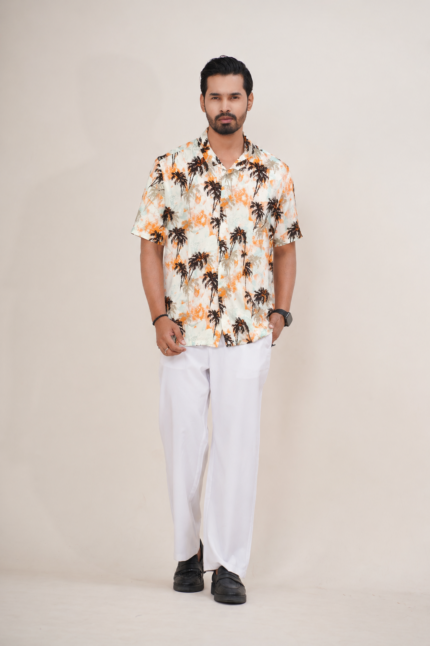 Luxury Palm Tree Printed Casual Shirt for Men with Cuban Collar Half Sleeve Relaxed Fit Summer Beach Resort Wear