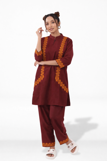 Maroon Lace Embroidered Top for Women with Mandarin Collar Straight Fit Ethnic Wear Kurti