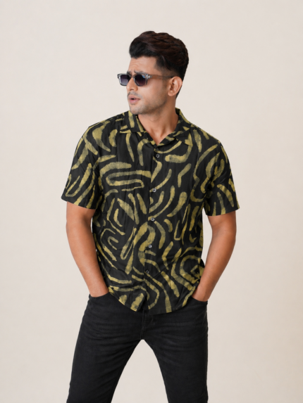 Premium Abstract Printed Casual Shirt for Men Half Sleeve Cuban Collar Summer Beach Resort Hawaiian Style Black Olive Shirt