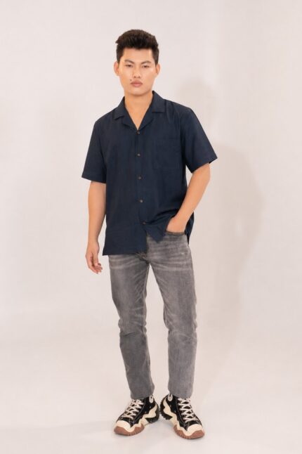Designer Collection Premium Navy Blue Daily Wear Men's Casual Shirt Half Sleeve Cuban Collar Smart Relaxed Amriss Urban Style Wear Shirt