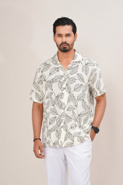 Premium Leaf Printed Casual Shirt for Men with Cuban Collar Half Sleeve Relaxed Fit Summer Resort Wear