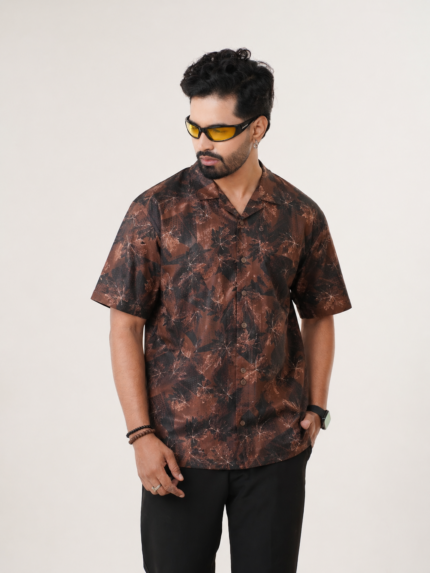 Premium Brown Tropical Leaf Printed Casual Shirt for Men Half Sleeve Cuban Collar Summer Beach Resort Hawaiian Style Shirt